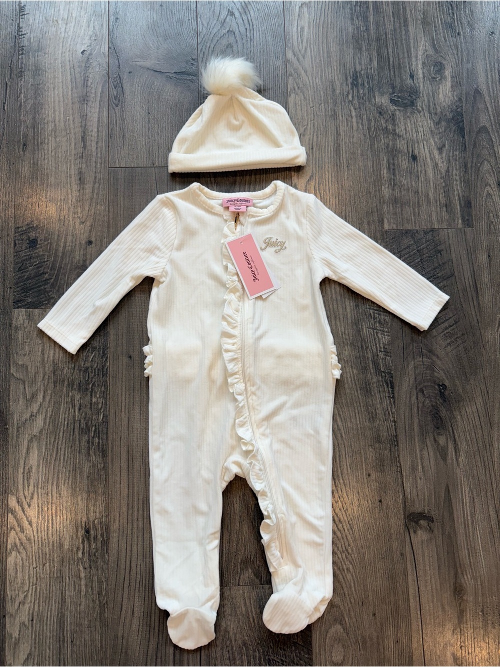 Juicy Couture Cream Velour Ruffle Footie with Pom Hat